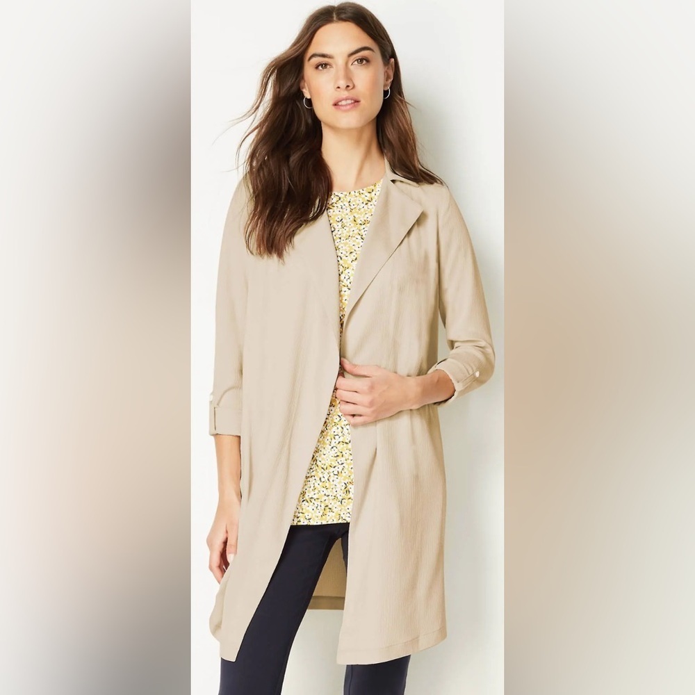 NWT J.JILL WEAREVER DRAPE-FRONT TRENCH JACKET, OATMEAL. FLATTERING, VERSATILE